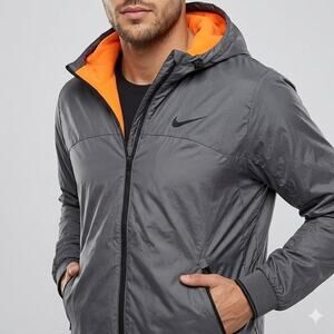Nike Dri-FIT Hooded Jacket Mens Large Gray Windbreaker Orange Fleece Line Ripst